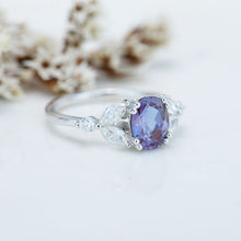 Load image into Gallery viewer, 14K Solid White Gold Dainty Alexandrite Ring, Oval Cut Alexandrite Ring Set, White Gold Ring Unique Vintage Ring