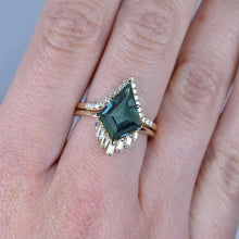 Load image into Gallery viewer, 14K Gold 4 Carat Kite Teal Sapphire Halo Unique Engagement Ring, Eternity Ring Set