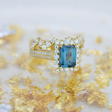 Load image into Gallery viewer, 3 Carat Halo Emerald Cut Teal Sapphire 14K White Gold Engagement Ring Set.