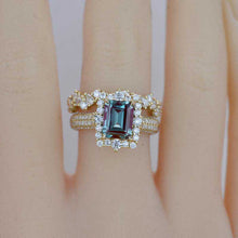 Load image into Gallery viewer, 3 Carat Halo Emerald Cut Alexandrite 14K White Gold Engagement Ring Set.