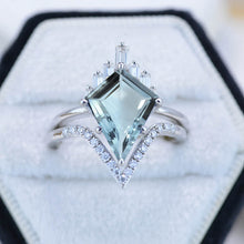 Load image into Gallery viewer, 14K White Gold 4 Carat Kite Aquamarine Halo Engagement Ring, Eternity Ring Set