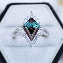 Load image into Gallery viewer, 14K White Gold 2.5 Carat Kite Alexandrite Halo Engagement Ring, Eternity Ring Set