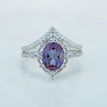 Load image into Gallery viewer, 14K White Gold Ring 2CT Oval Vintage Wedding Ring, Oval Alexandrite Halo Engagement Ring Set