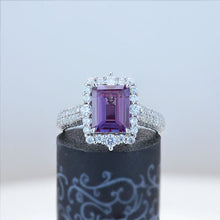 Load image into Gallery viewer, 3Ct Alexandrite Engagement Ring Halo Emerald Step Cut Alexandrite  Engagement Ring