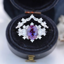 Load image into Gallery viewer, 2 Carat Oval Alexandrite Halo 14K White Gold Floral  Engagement Ring Set