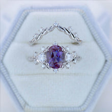 Load image into Gallery viewer, 2 Carat Oval Alexandrite Halo 14K White Gold Floral  Engagement Ring Set