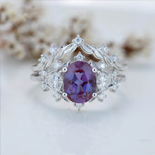 Load image into Gallery viewer, 2 Carat Oval Alexandrite Halo 14K White Gold Floral  Engagement Ring Set