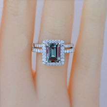 Load image into Gallery viewer, 3Ct Alexandrite Engagement Ring Halo Radiant Cut Alexandrite Engagement Ring, 9x7mm Radiant Cut Alexandrite Engagement Ring with Eternity band