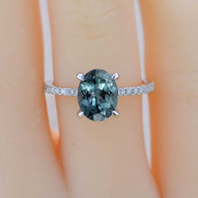 Load image into Gallery viewer, 3 Carat Oval Teal Sapphire Ring, Hidden Halo Gold Engagement Ring