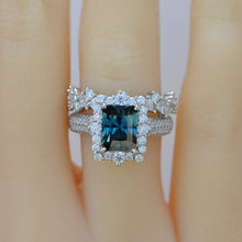 Load image into Gallery viewer, 3Ct Teal Sapphire Engagement Ring Halo Emerald Cut Teal Sapphire Engagement Ring, 9x7mm Step Cut Teal Sapphire Engagement Ring
