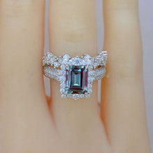 Load image into Gallery viewer, 3Ct Alexandrite Engagement Ring. Halo Emerald Cut Alexandrite Engagement Ring, 9x7mm Step Cut Alexandrite Engagement Ring with Eternity Band