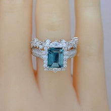 Load image into Gallery viewer, 3Ct Teal Sapphire Engagement Ring. Halo Emerald Cut Teal Sapphire Engagement Ring, 9x7mm Step Cut Teal Sapphire Engagement Ring with Eternity Band