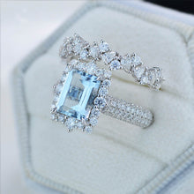 Load image into Gallery viewer, 3Ct Natural Aquamarine Engagement Ring. Halo Emerald Cut Genuine Aquamarine Engagement Ring, 9x7mm Step Cut Aquamarine Engagement Ring with Eternity Band