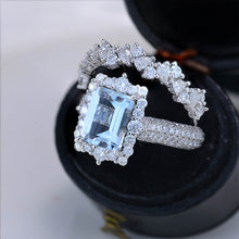 Load image into Gallery viewer, 3Ct Natural Aquamarine Engagement Ring. Halo Emerald Cut Genuine Aquamarine Engagement Ring, 9x7mm Step Cut Aquamarine Engagement Ring with Eternity Band