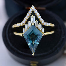 Load image into Gallery viewer, 14K Gold 4 Carat Kite Teal Sapphire Halo Engagement Ring, Eternity Ring Set