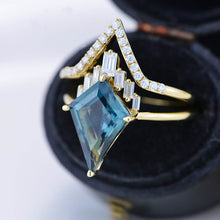 Load image into Gallery viewer, 14K Gold 4 Carat Kite Teal Sapphire Halo Engagement Ring, Eternity Ring Set