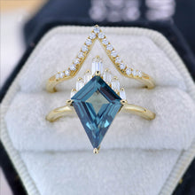 Load image into Gallery viewer, 14K Gold 4 Carat Kite Teal Sapphire Halo Engagement Ring, Eternity Ring Set