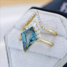 Load image into Gallery viewer, 14K Gold 4 Carat Kite Teal Sapphire Halo Engagement Ring, Eternity Ring Set