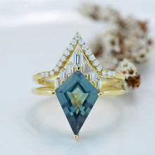 Load image into Gallery viewer, 14K Gold 4 Carat Kite Teal Sapphire Halo Engagement Ring, Eternity Ring Set