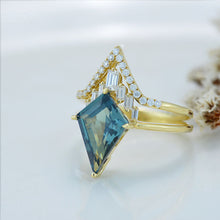 Load image into Gallery viewer, 14K Gold 4 Carat Kite Teal Sapphire Halo Engagement Ring, Eternity Ring Set