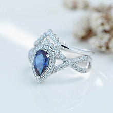 Load image into Gallery viewer, 1.5CT Pear Alexandrite Halo Engagement Ring. 14K Solid Gold Ring Vintage Anniversary Eternity Gold Ring Set.