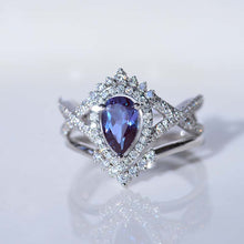 Load image into Gallery viewer, 1.5CT Pear Alexandrite Halo Engagement Ring. 14K Solid Gold Ring Vintage Anniversary Eternity Gold Ring Set.