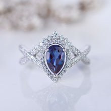 Load image into Gallery viewer, 1.5CT Pear Alexandrite Halo Engagement Ring. 14K Solid Gold Ring Vintage Anniversary Eternity Gold Ring Set.