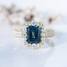 Load image into Gallery viewer, 3 Carat Vintage Style 9x7mm Radiant Cut Teal Sapphire White Gold Engagement Ring