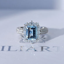 Load image into Gallery viewer, 3Ct Genuine Aquamarine Engagement Ring Halo Emerald Step Cut Aquamarine Engagement Ring
