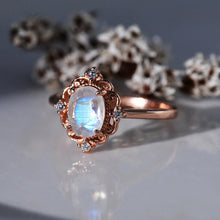 Load image into Gallery viewer, Silver Dainty Natural Moonstone Ring. Round Moonstone Floral Ring