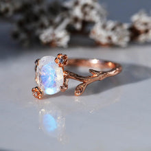 Load image into Gallery viewer, Dainty Natural Moonstone Leaf Ring, 2ct Oval Cut Twig Moonstone Ring, Rose Gold Ring Unique Curved Floral Ring