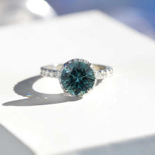 Load image into Gallery viewer, 3 Carat Round Teal Sapphire Halo Gold Engagement Ring
