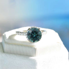 Load image into Gallery viewer, 2 Carat Round Teal Sapphire Halo Gold Engagement Ring