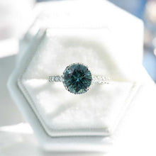 Load image into Gallery viewer, 3 Carat Round Teal Sapphire Halo Platinum Engagement Ring