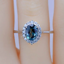 Load image into Gallery viewer, 1.5Ct Teal Sapphire Halo Engagement Ring, Oval Shape Brilliant Cut Teal Sapphire Engagement Ring, 14K White Gold Ring