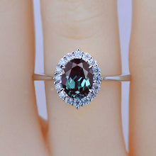 Load image into Gallery viewer, 3 Carat Oval Alexandrite Halo Engagement Ring, Oval Shape Brilliant Cut Alexandrite Engagement Ring, 14K White Gold Ring