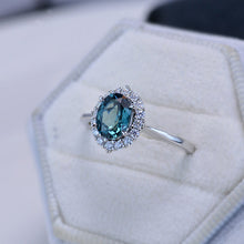 Load image into Gallery viewer, 1.5Ct Teal Sapphire Halo Engagement Ring, Oval Shape Brilliant Cut Teal Sapphire Engagement Ring, 14K White Gold Ring