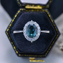 Load image into Gallery viewer, 1.5Ct Teal Sapphire Halo Engagement Ring, Oval Shape Brilliant Cut Teal Sapphire Engagement Ring, 14K White Gold Ring
