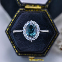 Load image into Gallery viewer, 1.5Ct Teal Sapphire Halo Engagement Ring, Oval Shape Brilliant Cut Teal Sapphire Engagement Ring, 14K White Gold Ring