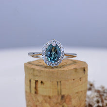 Load image into Gallery viewer, 1.5Ct Teal Sapphire Halo Engagement Ring, Oval Shape Brilliant Cut Teal Sapphire Engagement Ring, 14K White Gold Ring