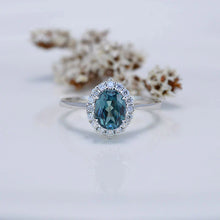 Load image into Gallery viewer, 1.5Ct Teal Sapphire Halo Engagement Ring, Oval Shape Brilliant Cut Teal Sapphire Engagement Ring, 14K White Gold Ring