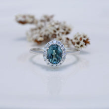 Load image into Gallery viewer, 1.5Ct Teal Sapphire Halo Engagement Ring, Oval Shape Brilliant Cut Teal Sapphire Engagement Ring, 14K White Gold Ring
