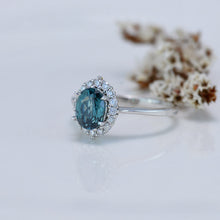 Load image into Gallery viewer, 1.5Ct Teal Sapphire Halo Engagement Ring, Oval Shape Brilliant Cut Teal Sapphire Engagement Ring, 14K White Gold Ring