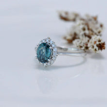 Load image into Gallery viewer, 1.5Ct Teal Sapphire Halo Engagement Ring, Oval Shape Brilliant Cut Teal Sapphire Engagement Ring, 14K White Gold Ring