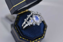 Load image into Gallery viewer, Natural Moonstone Ring Set, Oval Cut Moonstone Floral Twig Ring Set, White Gold Plated Silver Ring Unique Curved Ring Set