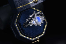 Load image into Gallery viewer, Natural Moonstone Ring Set, Oval Cut Moonstone Floral Twig Ring Set, White Gold Plated Silver Ring Unique Curved Ring Set