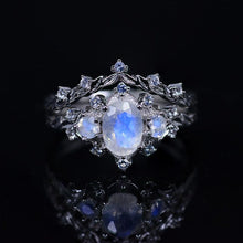 Load image into Gallery viewer, Natural Moonstone Ring Set, Oval Cut Moonstone Floral Twig Ring Set, White Gold Plated Silver Ring Unique Curved Ring Set