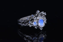 Load image into Gallery viewer, Natural Moonstone Ring Set, Oval Cut Moonstone Floral Twig Ring Set, White Gold Plated Silver Ring Unique Curved Ring Set