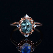 Load image into Gallery viewer, 14K Solid Rose Gold Dainty Teal Sapphire Ring, 2ct Oval Cut Teal Sapphire Ring, Rose Gold Ring Unique Oval Halo Vintage Ring