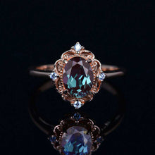 Load image into Gallery viewer, 14K Solid Rose Gold Dainty Alexandrite Ring, 2ct Oval Cut Alexandrite Ring, Rose Gold Ring Unique Oval Halo Vintage Ring